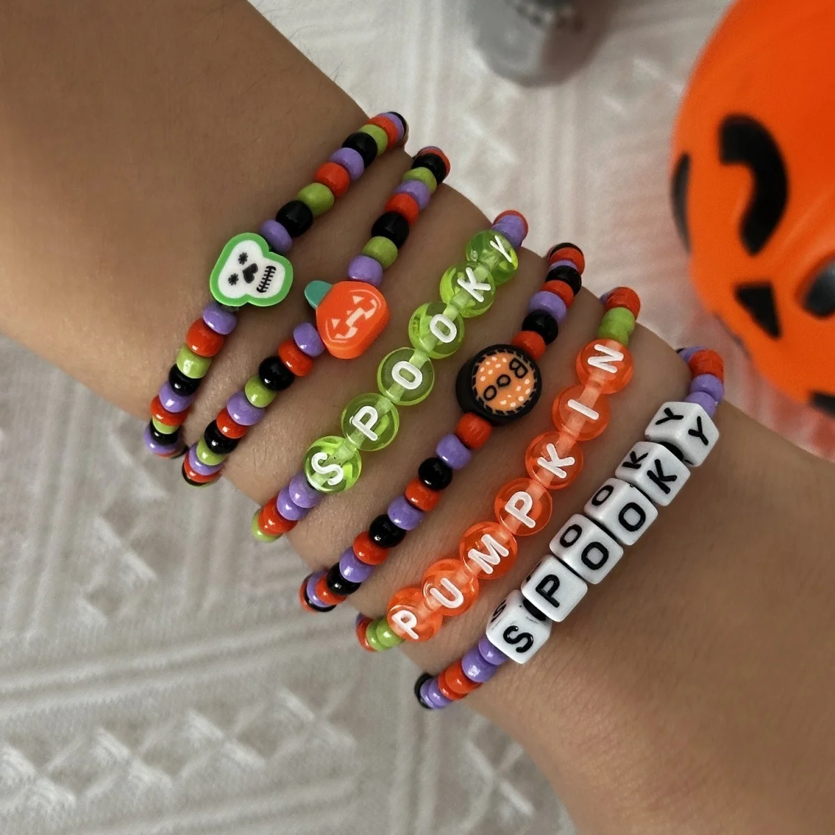 Halloween Resin Pumpkin Spooky Rice Beaded Bracelets Set For Women Men Gothic Spider Ghost Letters Beads Stretch Bangle Jewelry