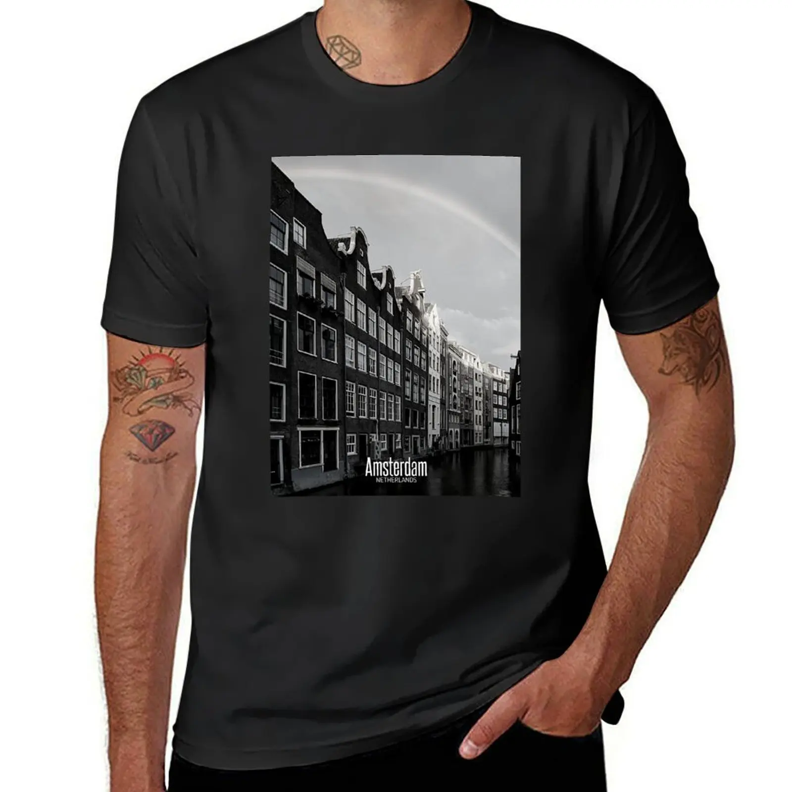 Amsterdam Black and White Photo - Netherlands Lover - Houses in River Canal T-Shirt cute clothes mens cotton t shirts