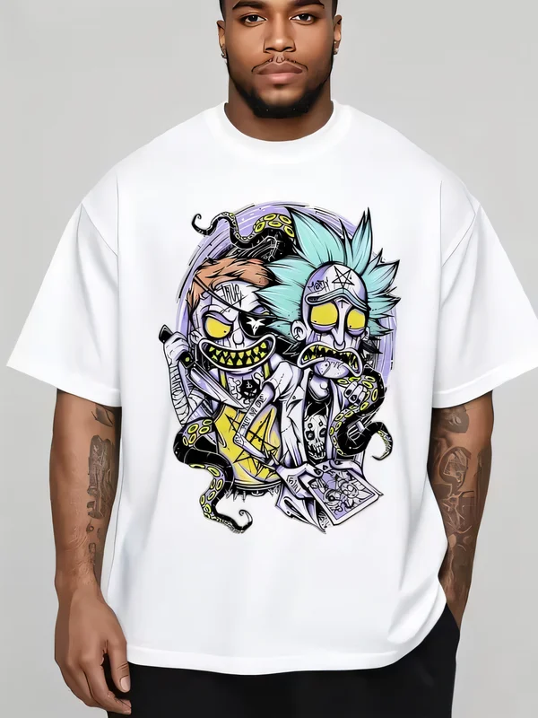 Dark Skinned Man Tattoo Art Graphic Print T-Shirt Oversized White Tee Cartoon Characters Skeletal Grins Chaotic Design Men's Streetwear