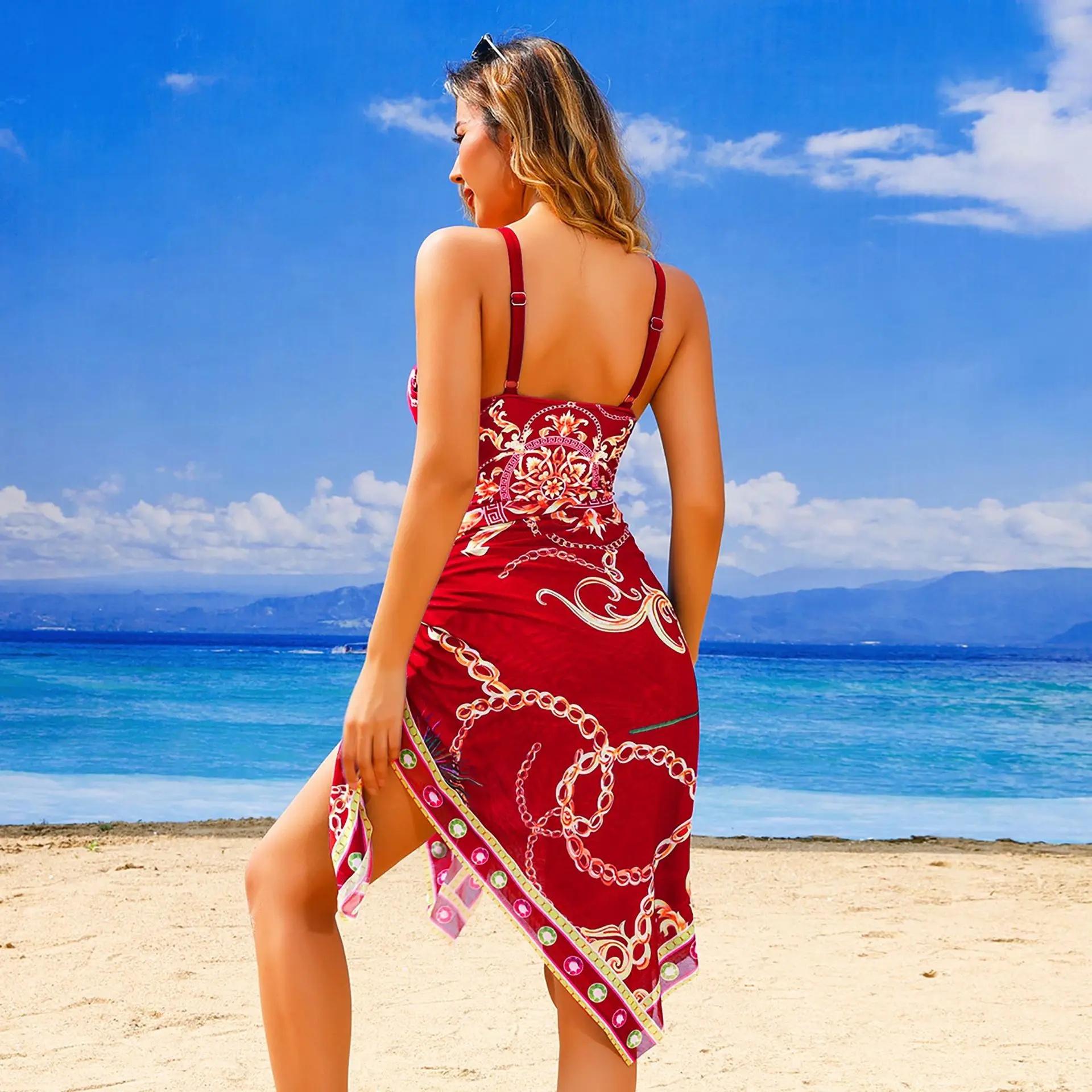 2025 Sexy One Piece Swimsuit Set Women's Printed Mesh Cover Up & High Waist Panties Sexy Two Piece Bodysuit Sets Holiday Beach