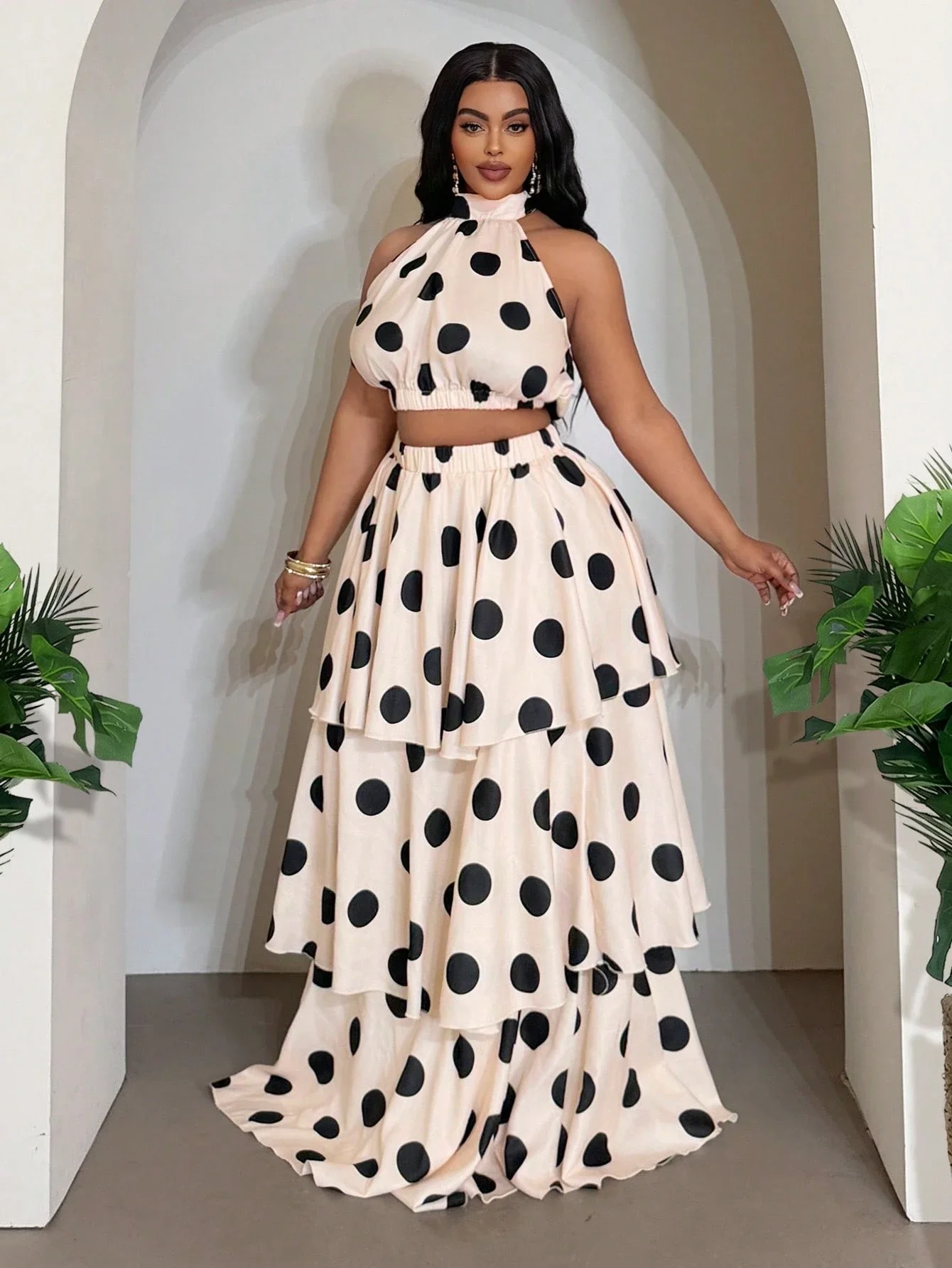 

Polka Dot Halter Crop Top And Tiered Ruffle Maxi Skirt Two Piece Set