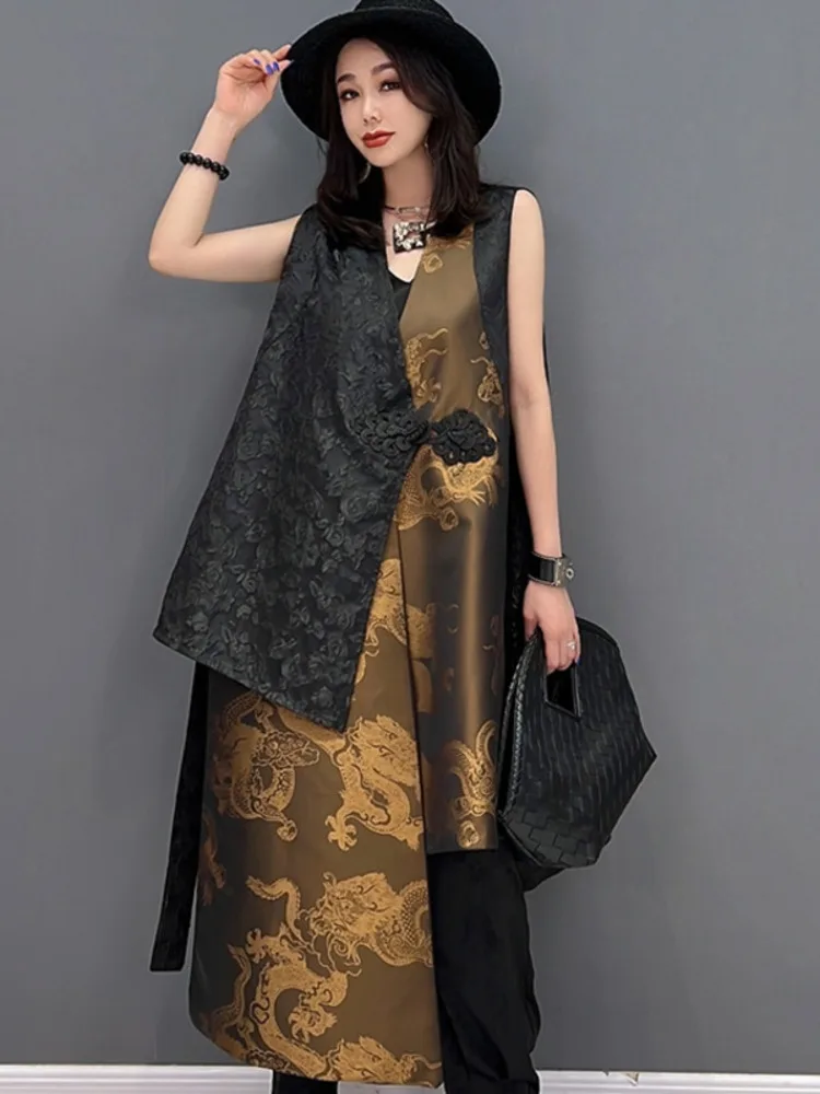 Shengpalae V-Hals Lange Vest Mouwloze Jas Losse Chinese Stijl Mid-Length Print Onregelmatige Dames 2024 Lente Nieuwe 5r585