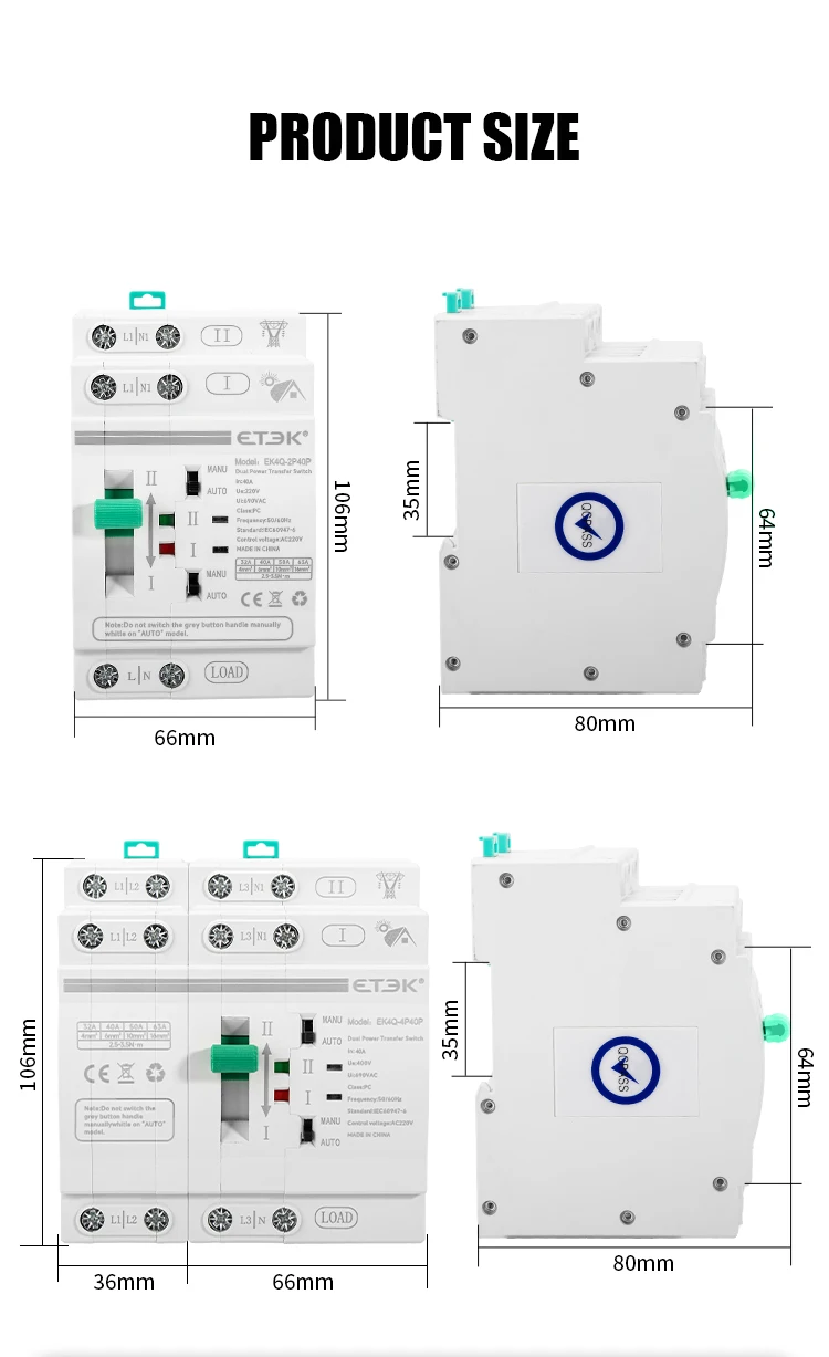 ETEC DIN-Schienen 2P/4P ATS Dual-Power Automatischer Transferschalter Elektrische Wahlschalter Unterbrechungsfreie Stromversorgung 40A/63A PV-Energie – Detail 5