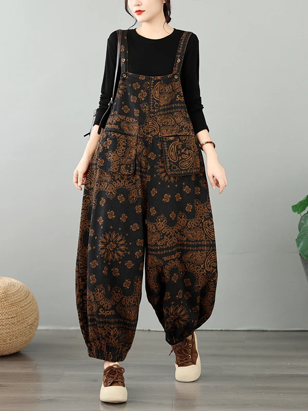 Artistic Vintage Printed Denim Overalls Women's Loose Casual High Waist Long Straight Leg Pants Fashionable Autumn Wear