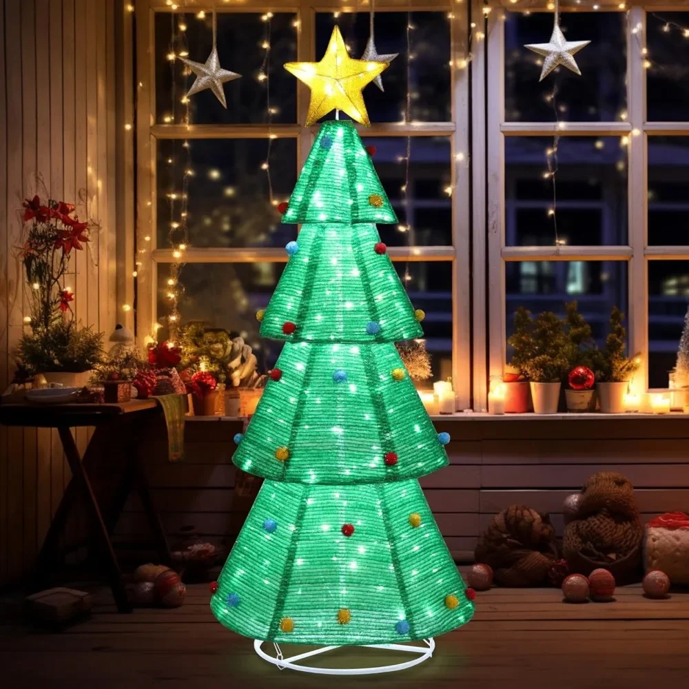 6ft Christmas Tree Decorations, Lighted Christmas Tree Foldable Outdoor Holiday Decorations with 200 LED Lights