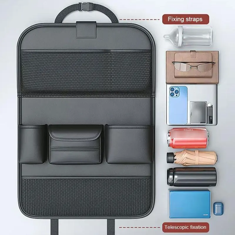 Leather Car Seat Back Organizer Bag Auto Back Seat Storage Bag Foldable Table Tray Tablet Holder Tissue Pockets Car Storage Box