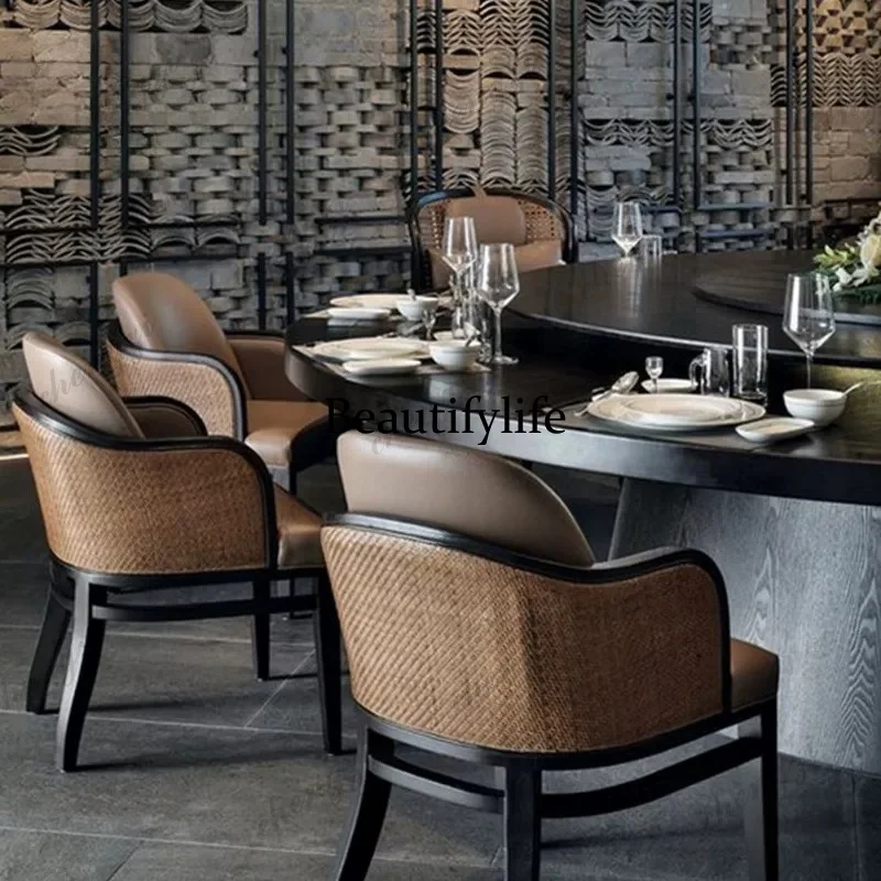 New Chinese style new rattan solid wood leather dining chair modern hotel cafe reception negotiation chair home