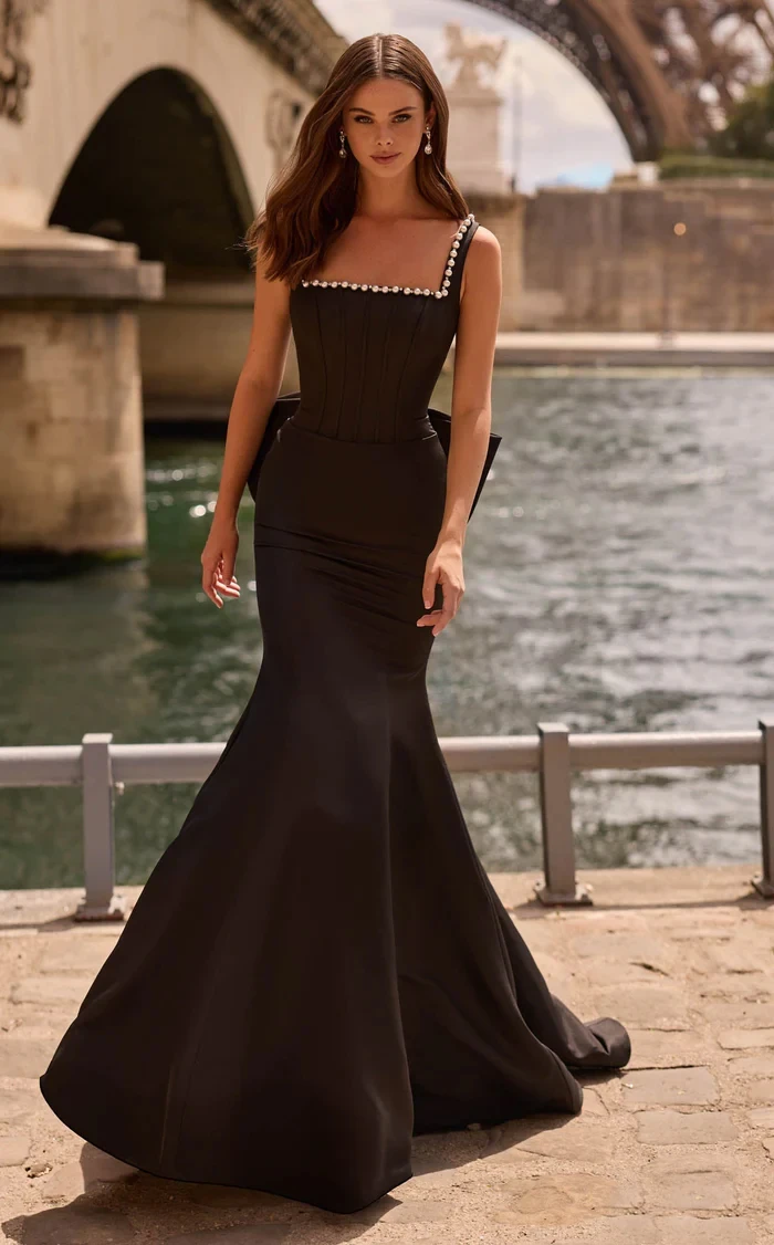 

Customized Exquisite Jersey Pearl Bow Draped Trumpet Spaghetti strap Long Dresses Bespoke Occasion Dresses Fashion Modern Style