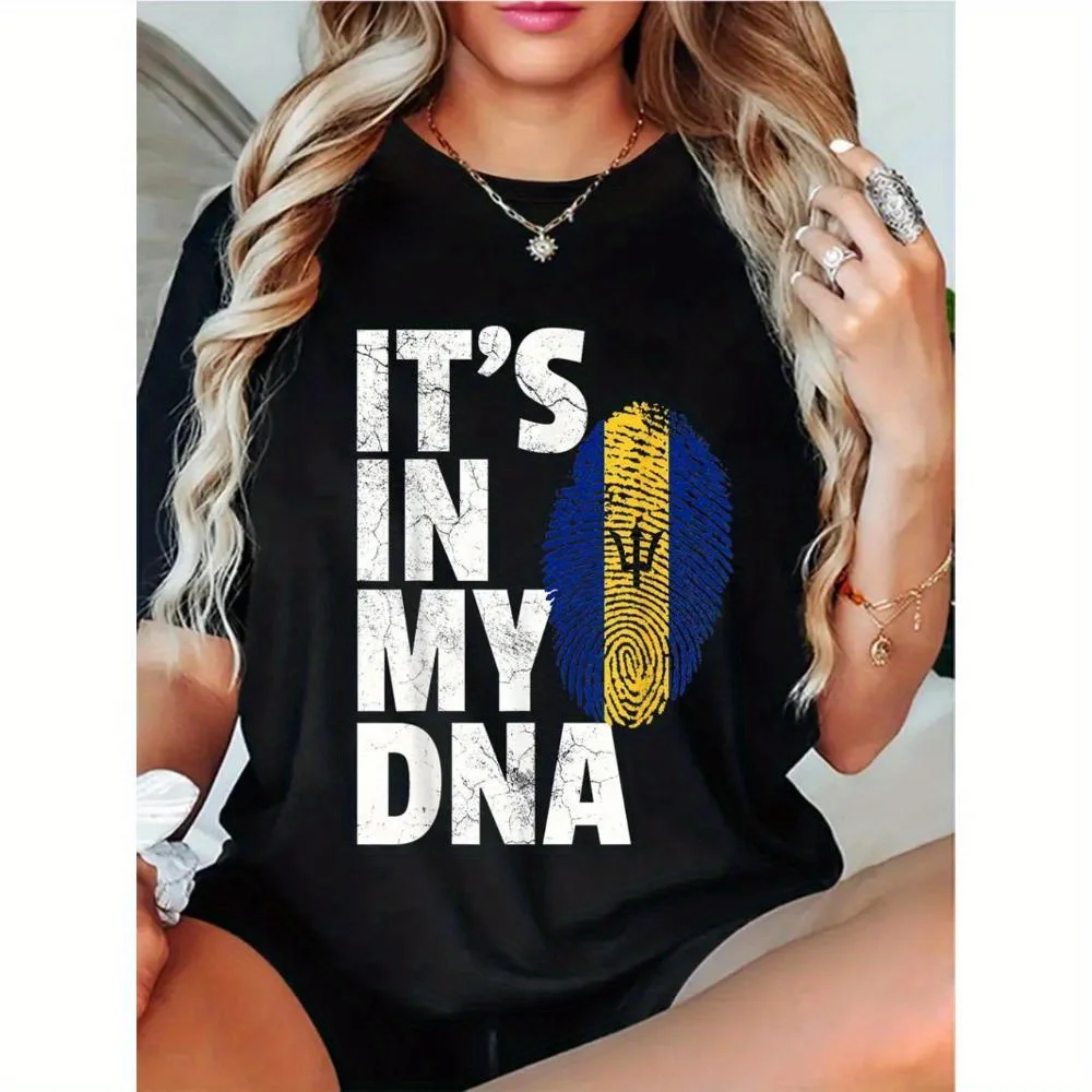 

Trendy Printed Round Neck Short Sleeve T-Shirt IT'S IN MY DNA Barbados Flag Tee Shirt Men Women Gift T-Shirt