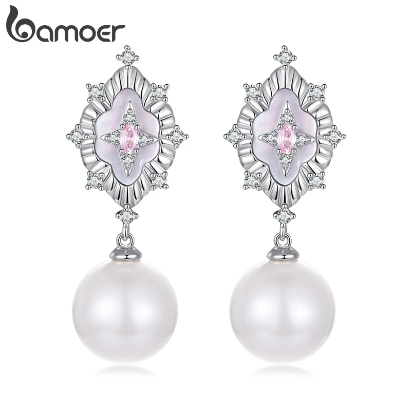 BAMOER Starlight Pink Shell Earrings for Women Trendy White Gold Plated Pearl Drop Dangle Earrings Wedding Party Daily Jewelry