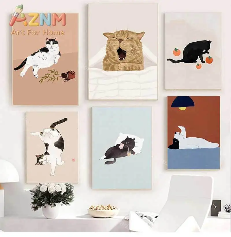 Modern Wall Painting for Living Room, Canvas Print, Poster, Cat, Wine, Pizza, Animal Funny, Art Pictures, Nordic, Modern