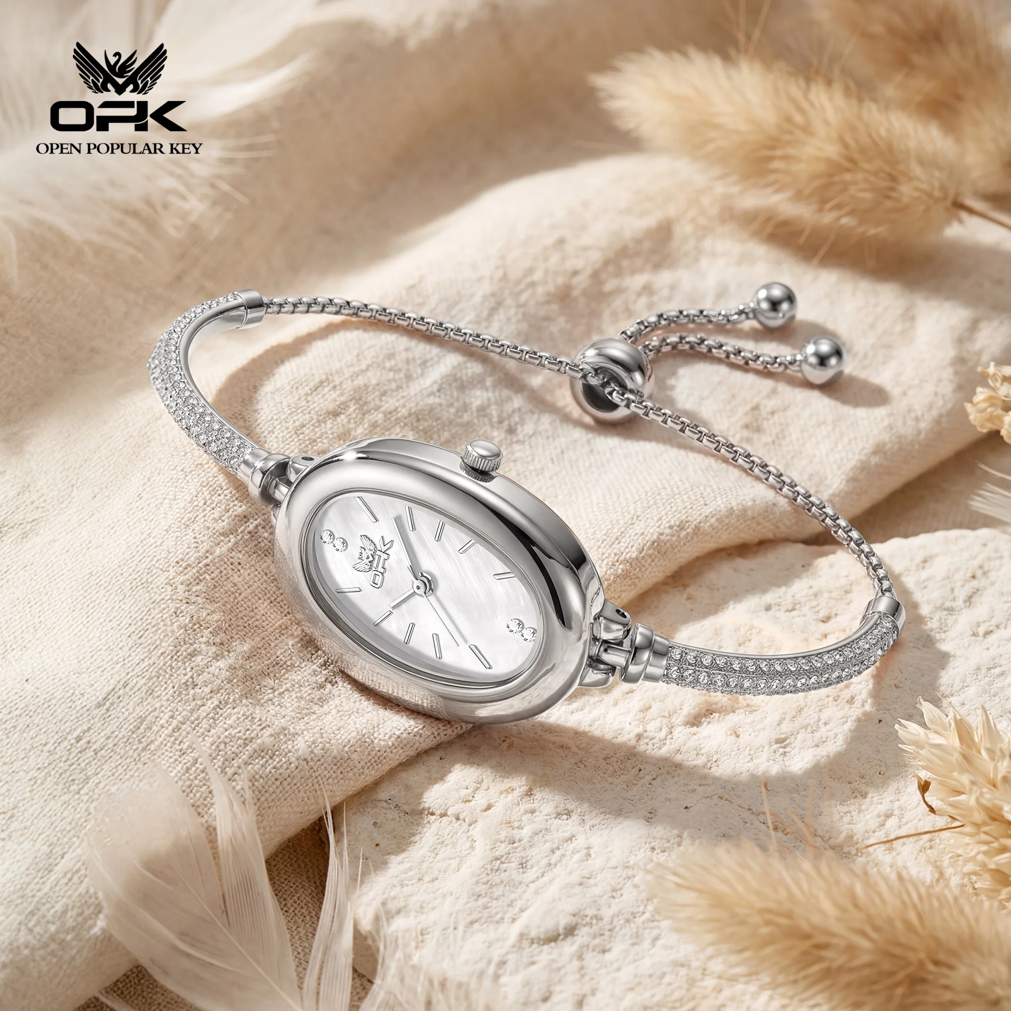 OPK 6097 Elegance Original Quartz Movement Watch Small Oval Pearl Dial 30m Waterproof Semi-bangle Bracelet Watch For Women