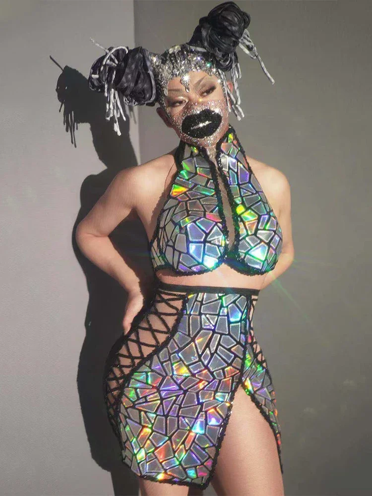 

2026 Mirror Gogo Dancer Costume Nightclub Bar Singe Performance Outfit Sexy Sequins Halter Tops Skirt Drag Queen Clothes yj001