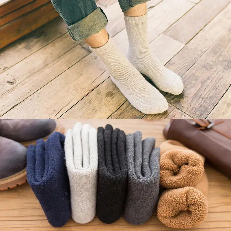 5Pairs/Lot Winter Wool Socks for Men Super Thick Towel Bottom Wool Socks Merino Warm Wool Classic Solid Color Snow Stockings