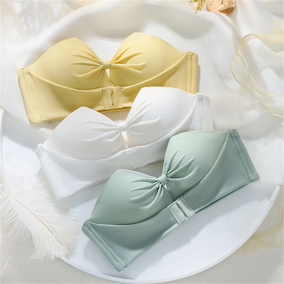 

French Elegant Simplicity Style Sweet Girls Bra Smooth Folds Bowknot Front Buckle Sexy Fashion Soft Comfortable Women Underwear