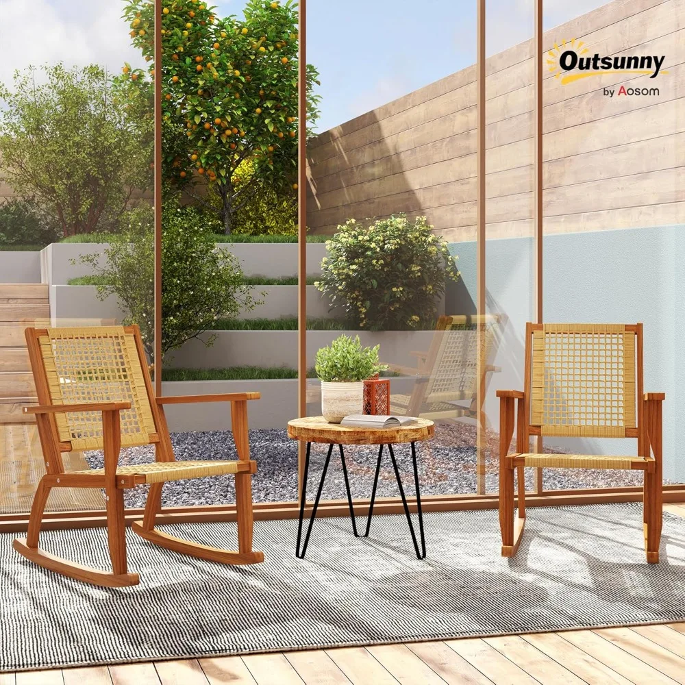 

Outdoor Rocking Chair Set of 2, Acacia Wood Outdoor Rockers with Armrests, Rattan Wicker Back and Seat, Wooden Rocking Chair Set