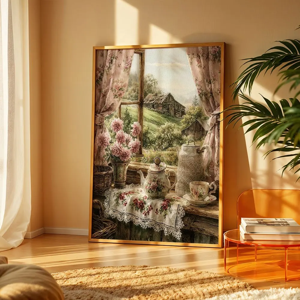 Vintage Rural Windowsill Teaware And Flowers Canvas Poster Wall Hanging
