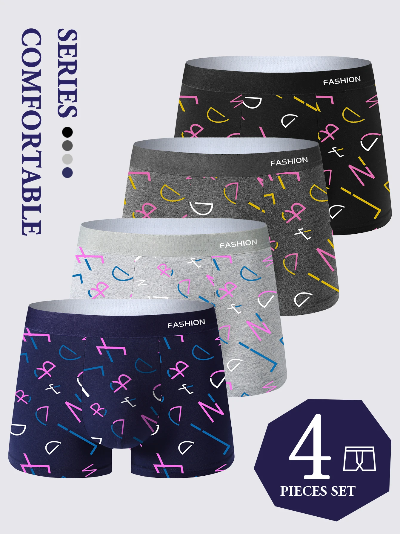 Boxers respirants pour hommes, quatre coins, shorts confortables, carillon élégant, boxers sportifs respirants, 4 pièces