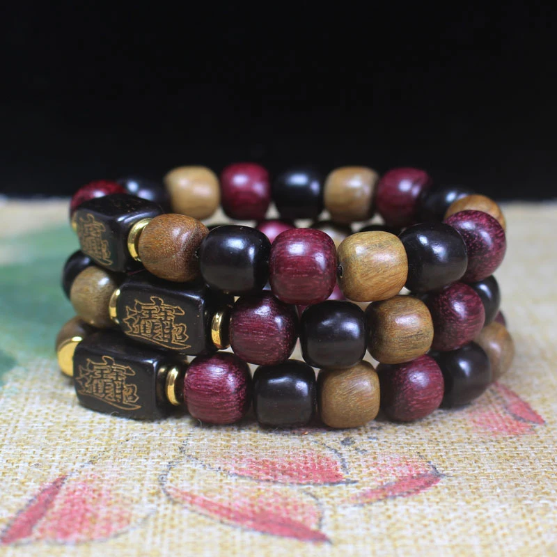 Sandalwood vintage-style bead three-buddha bracelet, green sandalwood, black sandalwood, violet bracelet, unisex bracelet