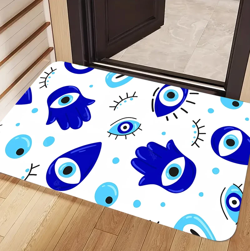 Boho Evil Eye Floor Rug Blue‑White Nazar Charm Floral Botanical Ornament Spiritual Bohemian Decor Area Rug for Home Ornament