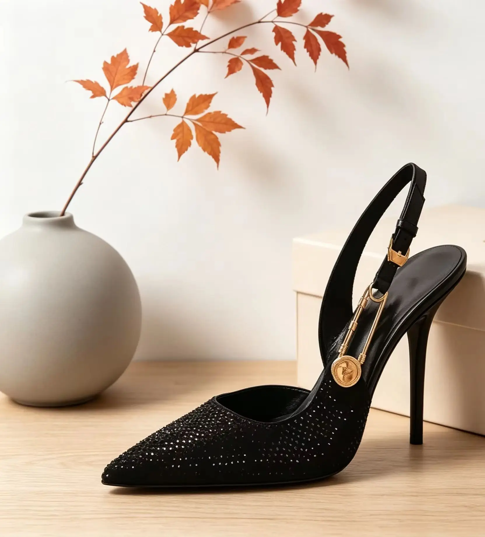 Crystal Pin Slingback Pumps Pointed Toe Stiletto High Thin Heel Sexy Buckle Gold Casual Formal Wedding Party Luxury Fashion Shoe