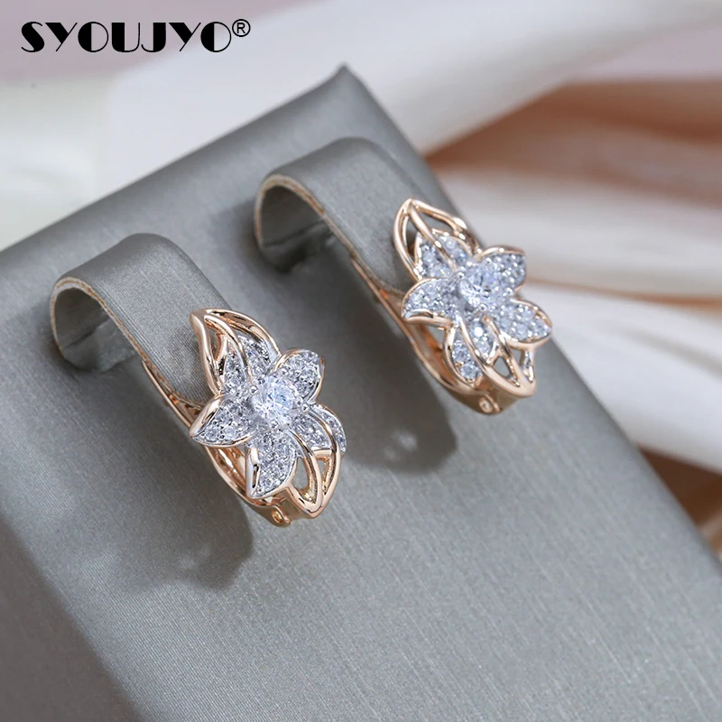 SYOUJYO 585 Rose Gold Color Silver Plated Flower Earrings For Women Vintage Natural Zircon Bride Wedding Jewelry Luxury Earrings