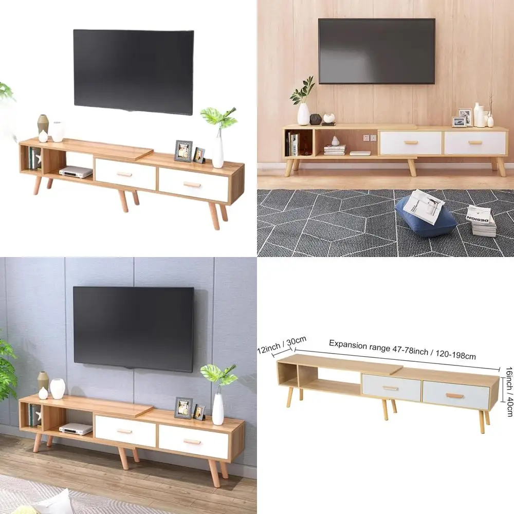 

Тумба под телевизор в стиле Mid-Century Modern, выдвижной шкаф, 2 ящика и открытая полка, развлекательный центр для гостиной, светло-коричневый