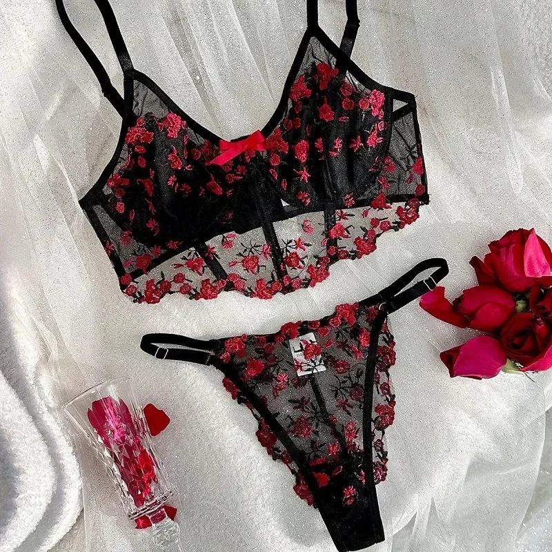 Women Sexy Lace Exotic Sets Flower Micro Bikini Flower Thin See Through Bra Set Underwear Briefs Lingerie Set high quality