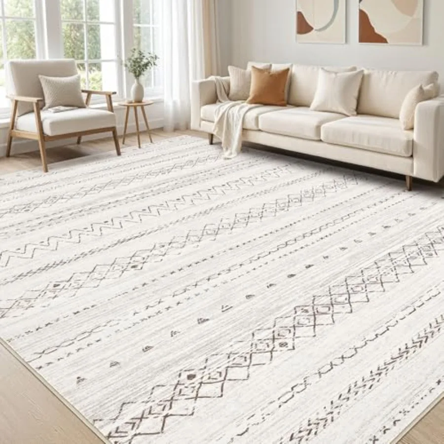 

Large Living Room Area Rug 10x14: Soft Machine Washable Boho Moroccan Farmhouse Rugs for Bedroom Under Dining Table NonSlip Neu