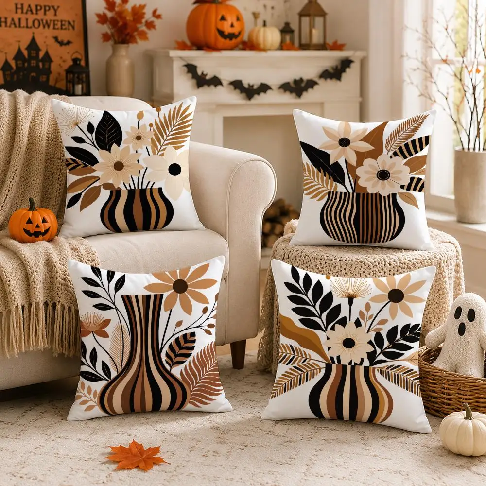 Striped Botanical Vase Cushion Cover 1/4PCS Short Plush Pillow Cover Set Soft Decorative Cushion Case for Sofa Bed Home Decor