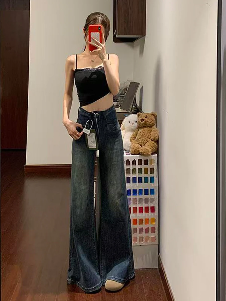 

Джинсы-клеш с высокой талией для женщин больших размеров, свободного кроя, прямые брюки, повседневные, из эластичного хлопкового денима, синие, для фигуры типа «груша»