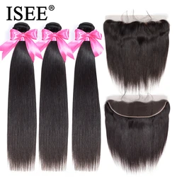 ISEE HAIR Straight Human Hair Bundles With Frontal 13*4 PrePlucked Lace Frontal Remy Peruvian Straight Hair Bundles With Closure