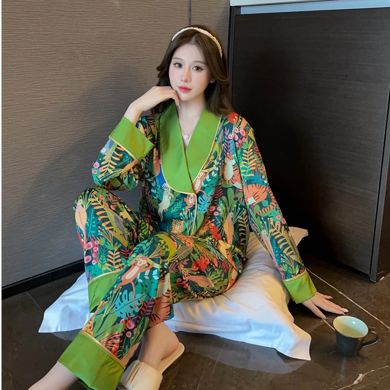 Print Animal Flower V-neck Luxury Pajamas Set for Women Autumn New Casual 2024 Home Suit Nightwear All-match Soft Korean Pajamas