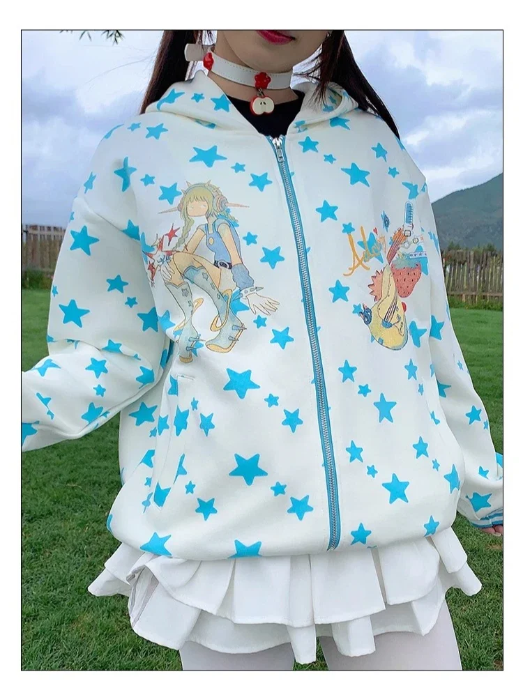 

Корейские милые девушки, аниме, милые звезды, графические толстовки с капюшоном, куртки в стиле Харадзюку, толстовки на молнии, большие размеры 2000-х годов, одежда в стиле гранж Kawaii