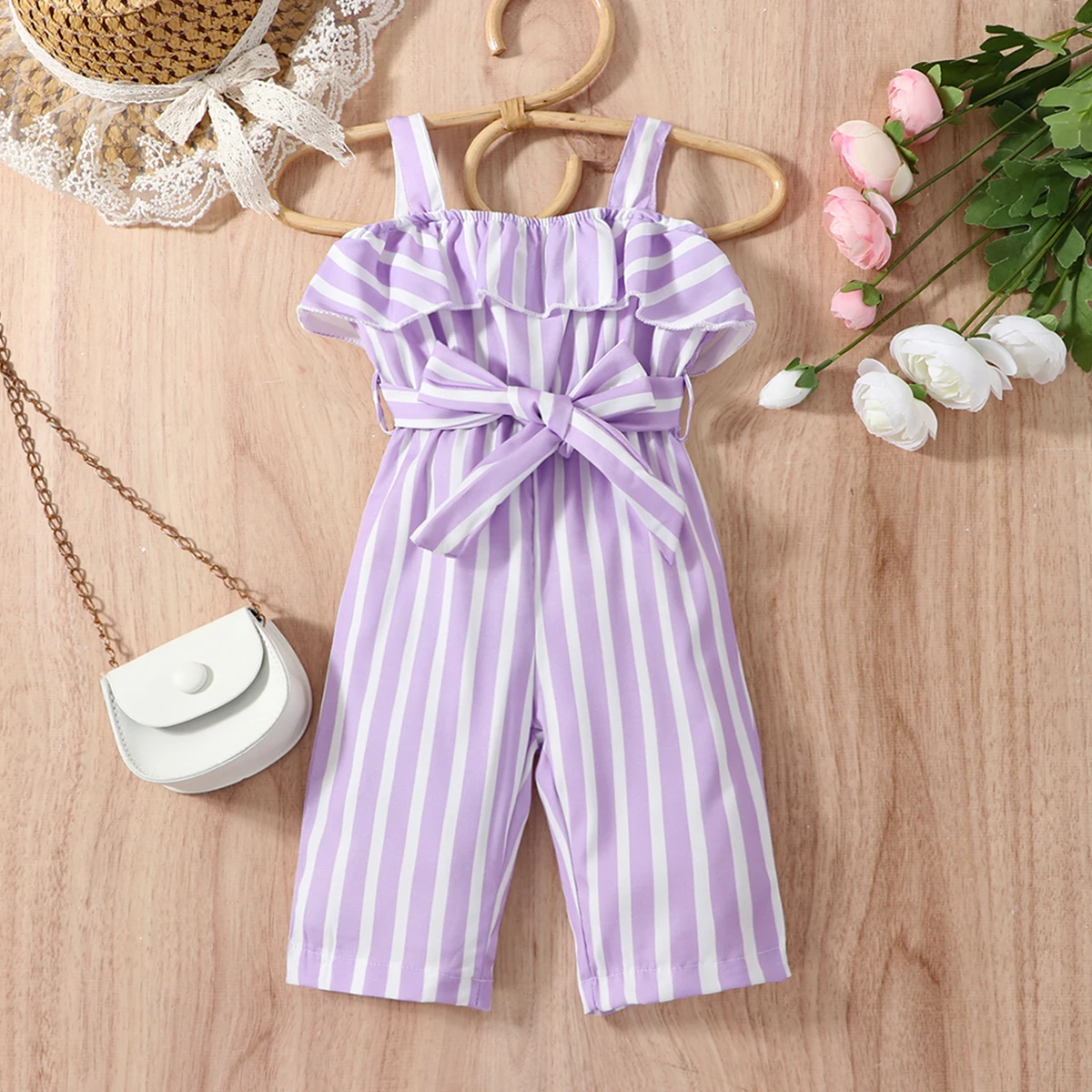 Spring and summer purple striped camisole jumpsuit for baby girls and babies, cute baby overalls suitable for casual vacations