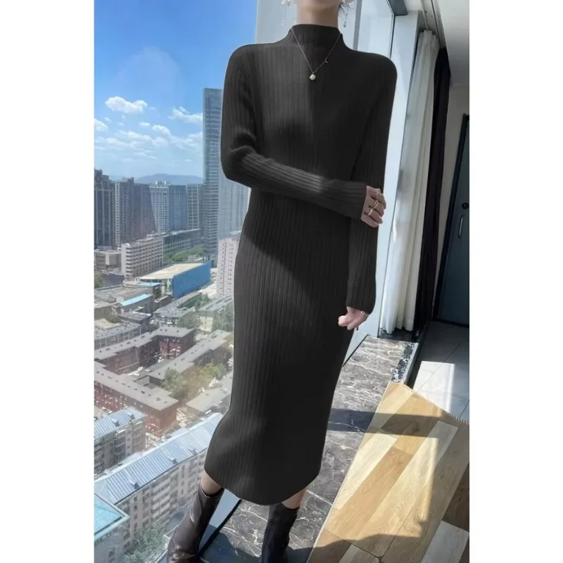 Sweater Dress Women Slim Fit Knit Long Sleeve Cashmere Long Skirt Dress Knitwear Women\'s Turtleneck Youth Female Clothing 2024