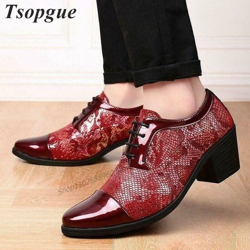 

Red Patent Leather Air Mesh Print Men Shoes Men's Pumps Thick Heel Runway Casual Party Shoes 2023 Fashionable Zapatillas Mujer