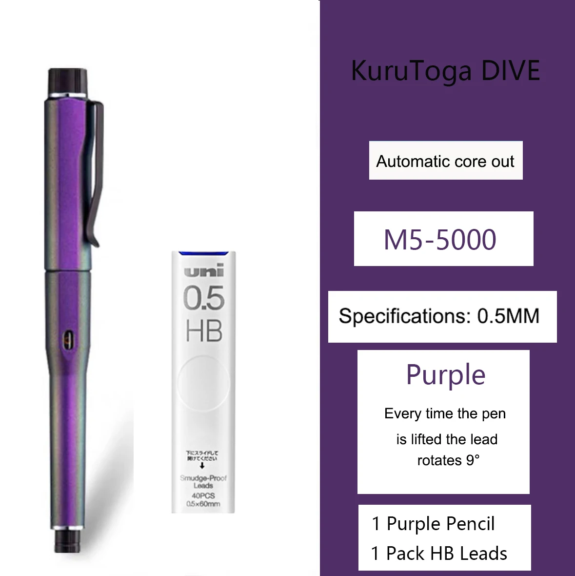 Uni M5-5000 KURU TOGA DIVE Lápis Mecânico, Núcleo Anti Quebra de