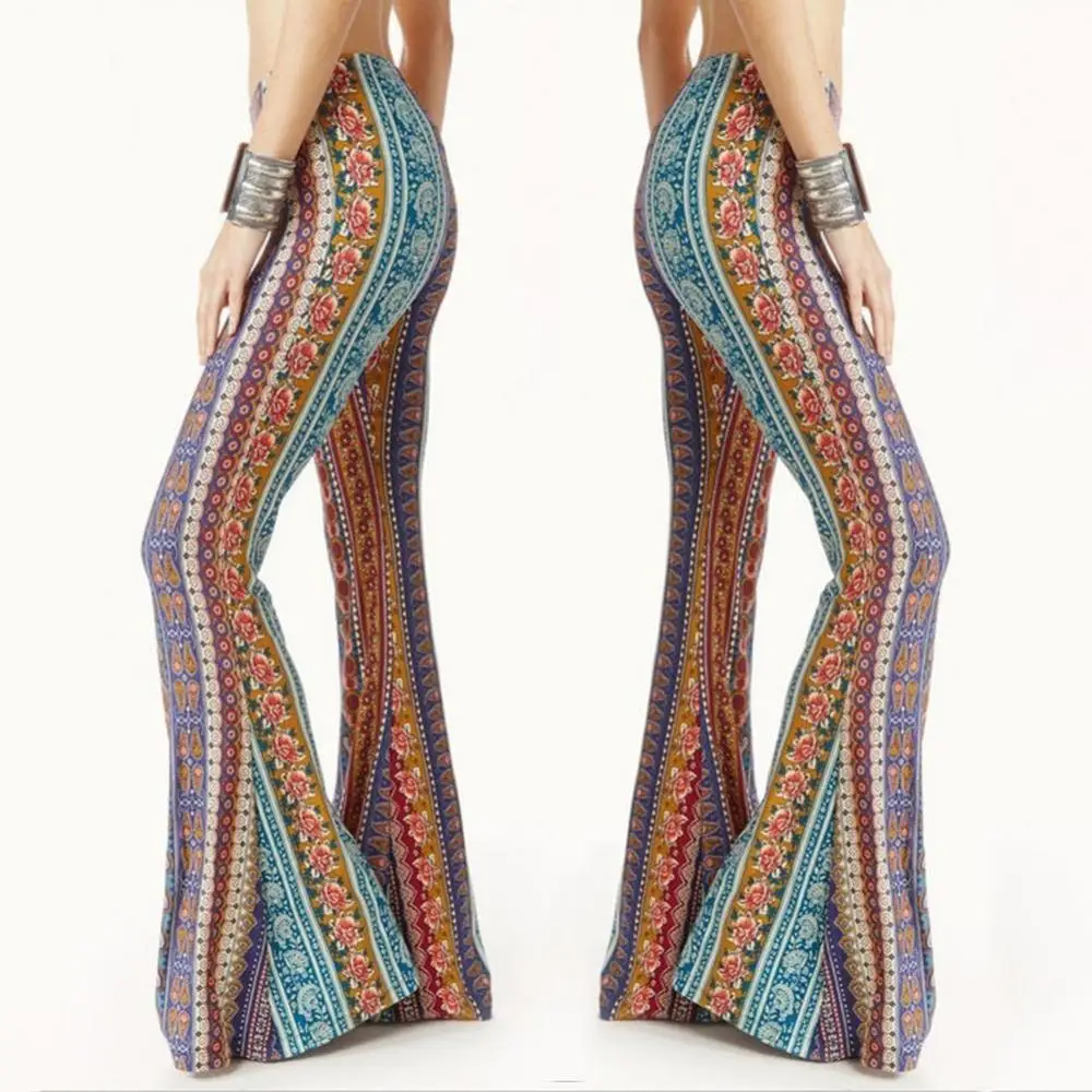 Women Flared Wide Leg Pants Boho Flower Print Bell Bottom Loose Gypsy Yoga Long Trousers Bohemian Casual Vacation