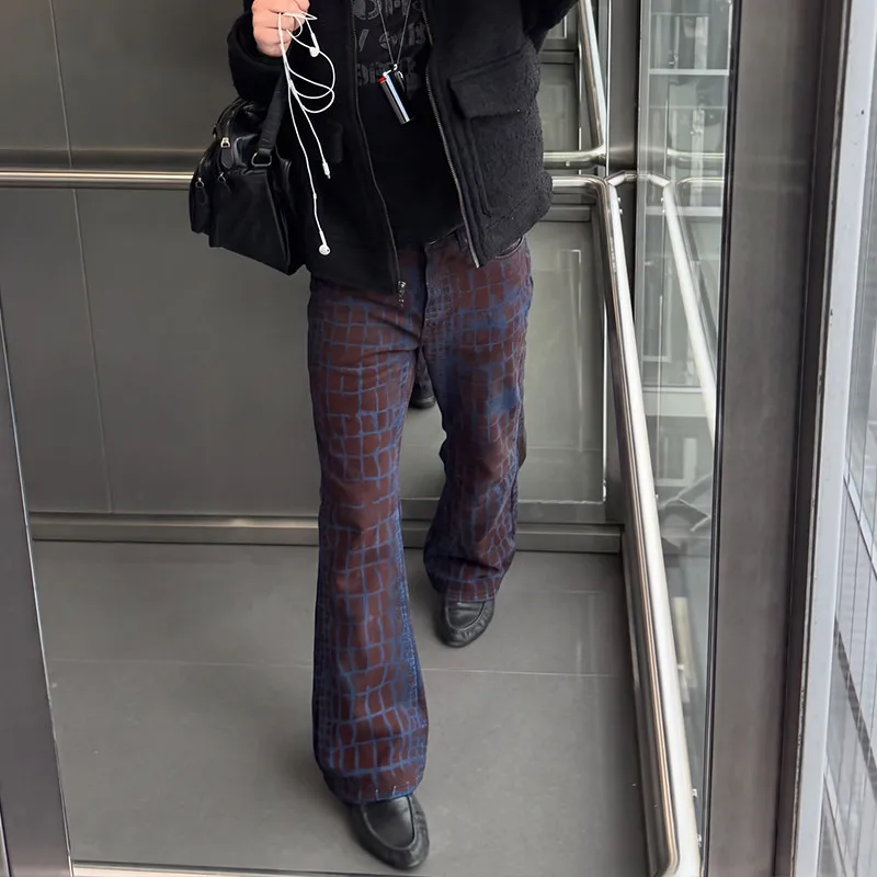 Mens Raised Tortoise Texture Jeans Flocked Coated Denim Fit Flared Pants for Vintage Alternative Streetwear Looks
