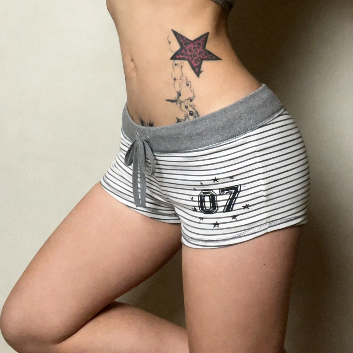 IAMSURE-Casual Striped Contrast Color Digital Printed Micro Shorts Women Drawstring Low Waist Slimming Mini Pants Summer Homewea