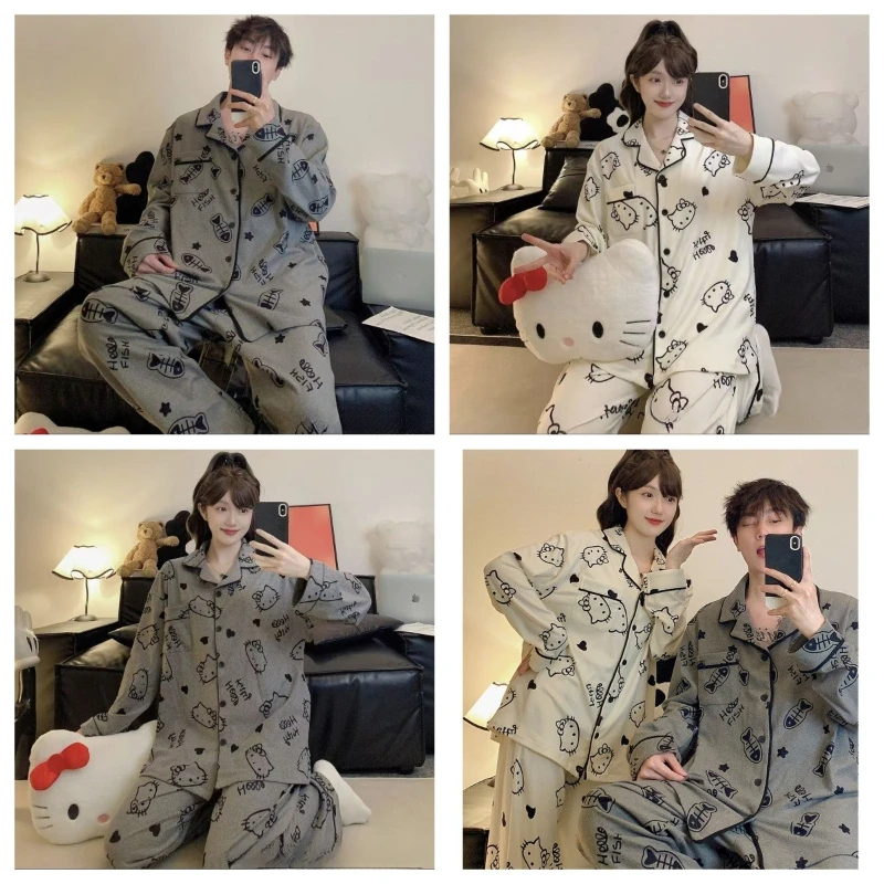 ชุดนอนคู่รักลายเฮลโลคิตตี้ใหม่ ซานริโอ้ ลายแมวและปลา สำหรับฤดูใบไม้ผลิและฤดูใบไม้ร่วง ลายการ์ตูน แขนยาว กางเกงขายาว ชุดนอนนักเรียน ชุดนอนใส่บ้าน