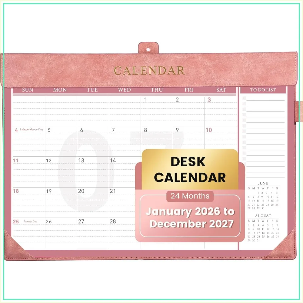 24 Months Desk Calendar 2026-2027, Large Leather Pad with To-Do Lists, PVC Cover, 17 x 12, Pink