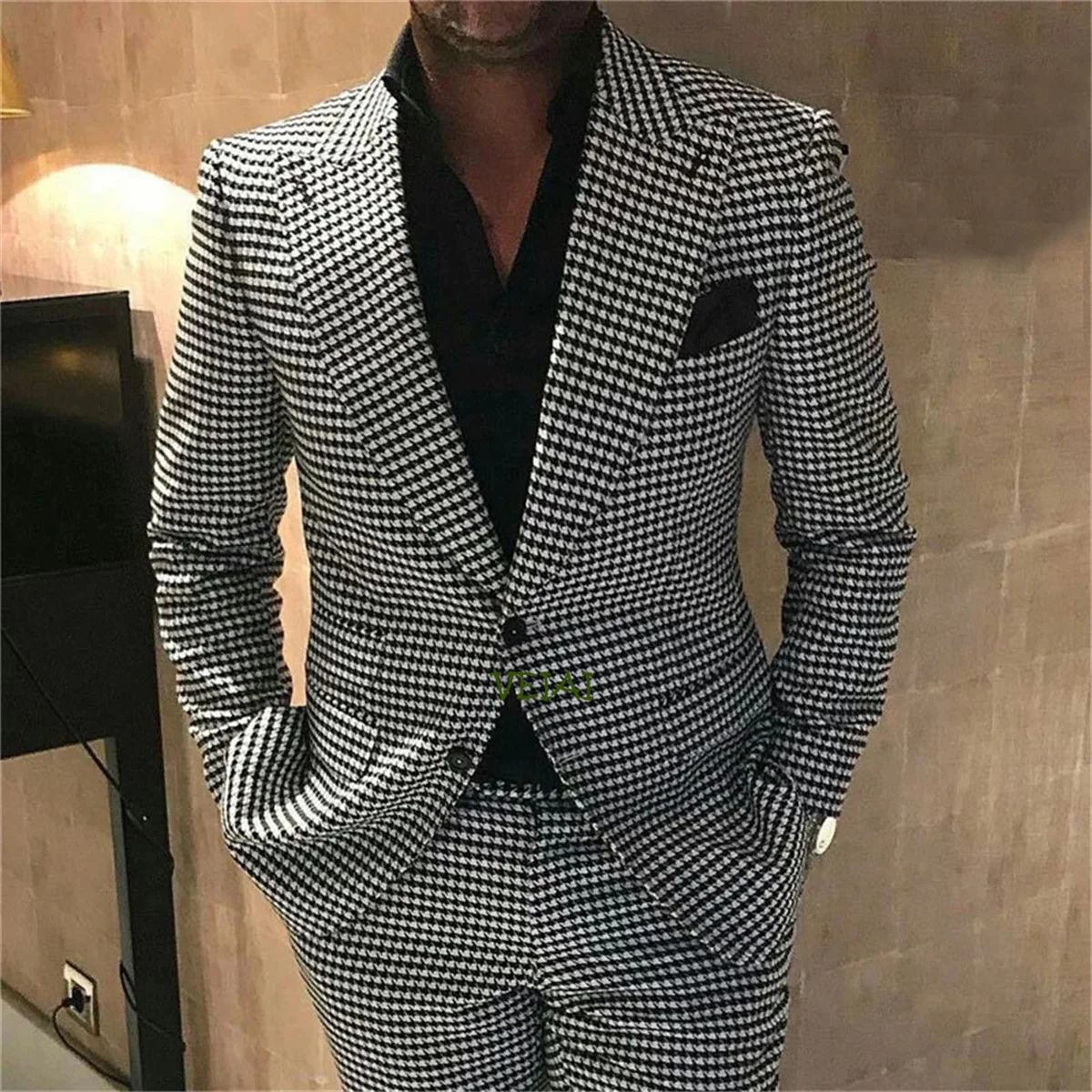 Novo houndstooth noivo terno masculino 2021 smoking fino ajuste 2 peças roupas masculinas com blazer calças xadrez ternos masculinos para casamento