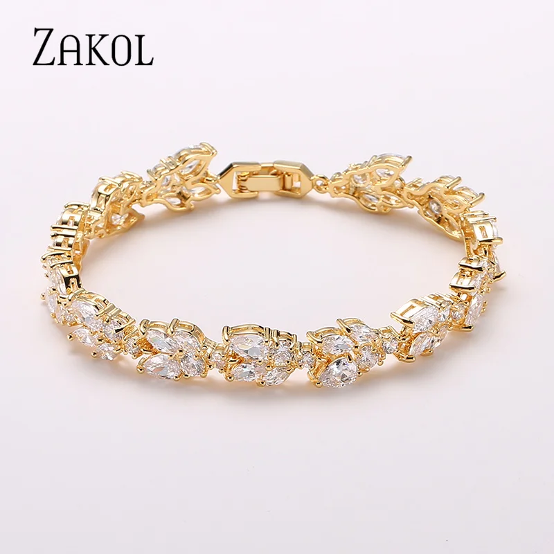 ZAKOL Fashion Cubic Zirconia Leaf Bracelets Bangles for Women Fashion White Plant Bracelet Girl Wedding Party Jewelry