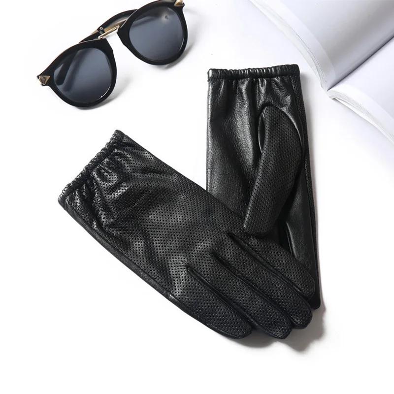 Women Gloves Fashion Black Sheepskin Touchscreen Genuine Leather Spring Autumn Thin Nylon Silk Lined Driving Gloves SP03