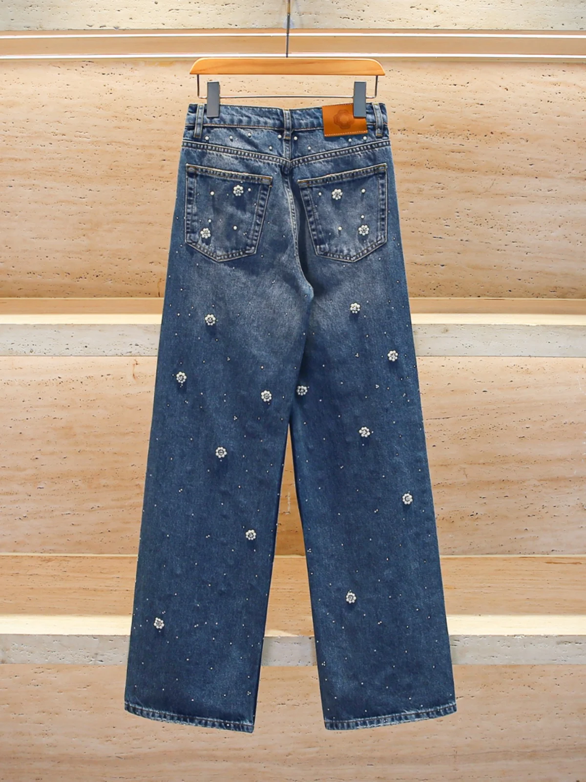 

Heavy Embellied Denim Wide Leg Long Pants for Women Spring Summer Design High Waist Zipper Fly Casual Sle Blue Jeans