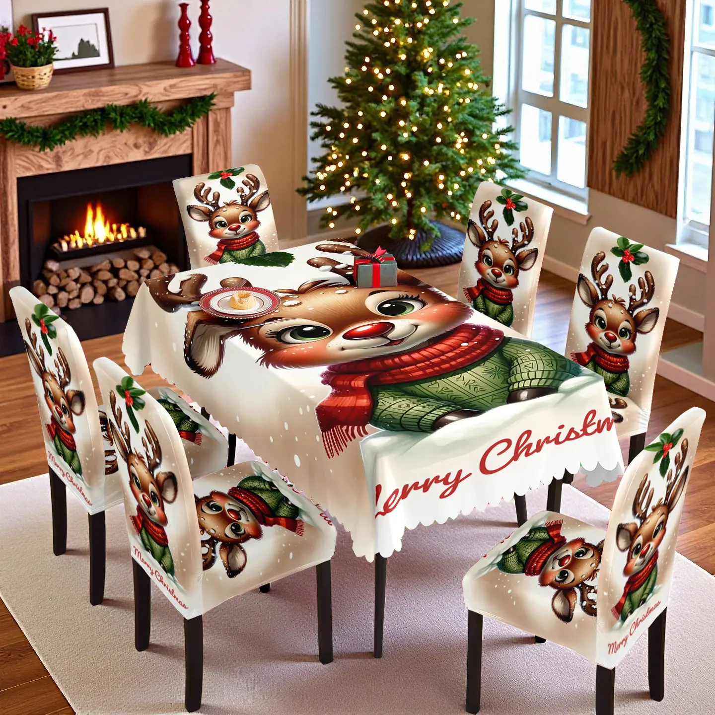 

5/7pcs Christmas table and chair set festive atmosphere home decoration cute reindeer pattern milk silk fabric washable