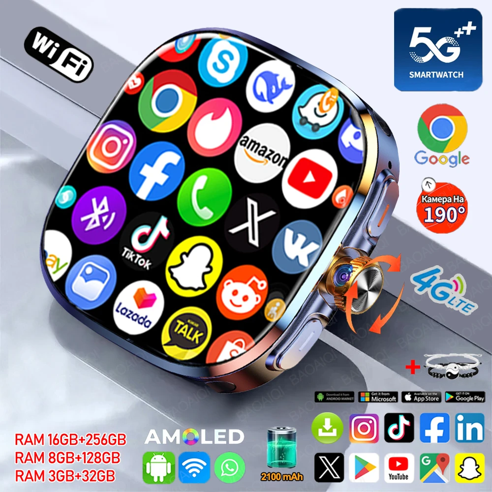 5G/4G 풀 네트워크 스마트워치 2.4인치 720*720 AMOLED 스크린 영상 통화 16GB+256GB RAM 2100mAh 구글 플레이 WIFI GPS 스마트워치