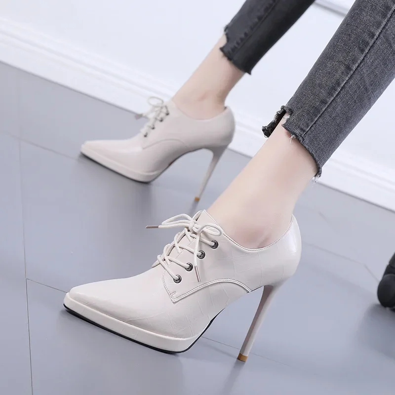 Korean Style Women Boots PU 10CM Thin High Heels Pointed Toe Lace-up Street Style British Style Cross-tied Party Womens Shoes